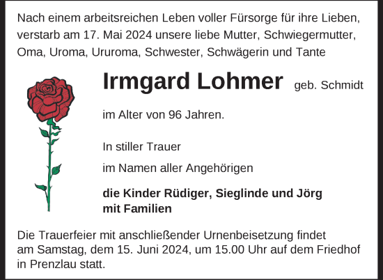 Traueranzeige von Irmgard Lohmer von Uckermark Kurier Prenzlauer Zeitung