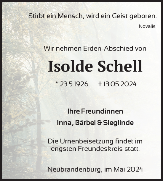 Traueranzeige von Isolde Schell von Nordkurier Neubrandenburger Zeitung