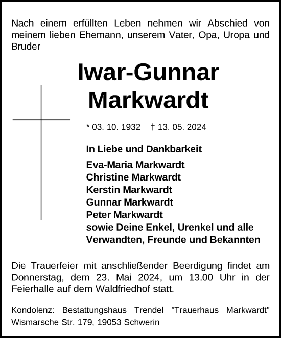 Traueranzeige von Iwar-Gunnar Markwardt 