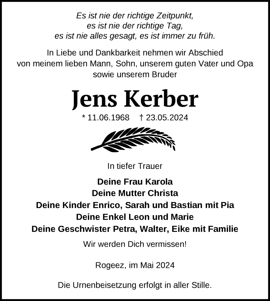  Traueranzeige für Jens Kerber vom 24.05.2024 aus Nordkurier Müritz-Zeitung