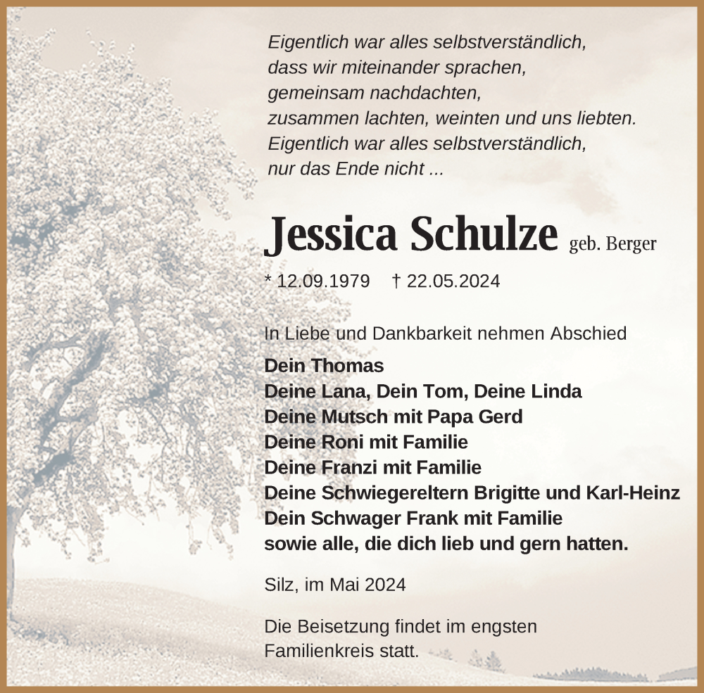  Traueranzeige für Jessica Schulze vom 25.05.2024 aus Nordkurier Müritz-Zeitung