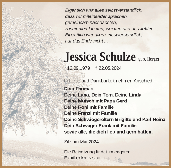 Traueranzeige von Jessica Schulze von Nordkurier Müritz-Zeitung