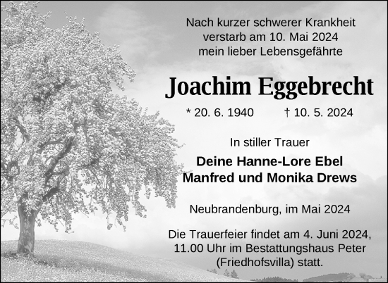Traueranzeige von Joachim Eggebrecht von Nordkurier Neubrandenburger Zeitung