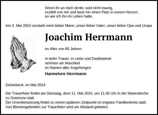 Traueranzeige von Joachim Herrmann von Uckermark Kurier Prenzlauer Zeitung