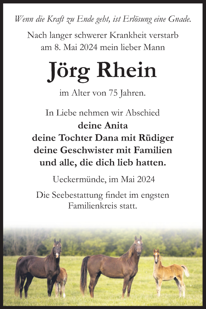  Traueranzeige für Jörg Rhein vom 17.05.2024 aus Nordkurier Haff-Zeitung