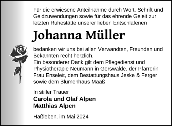 Traueranzeige von Johanna Müller von Uckermark Kurier Templiner Zeitung