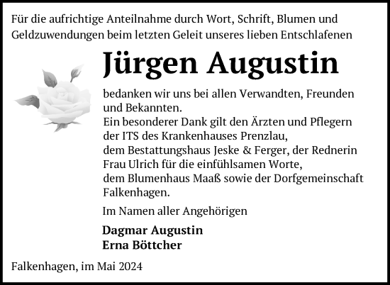 Traueranzeige von Jürgen Augustin von Uckermark Kurier Prenzlauer Zeitung