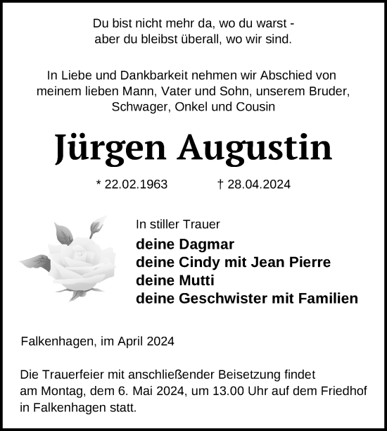 Traueranzeige von Jürgen Augustin von Uckermark Kurier Prenzlauer Zeitung