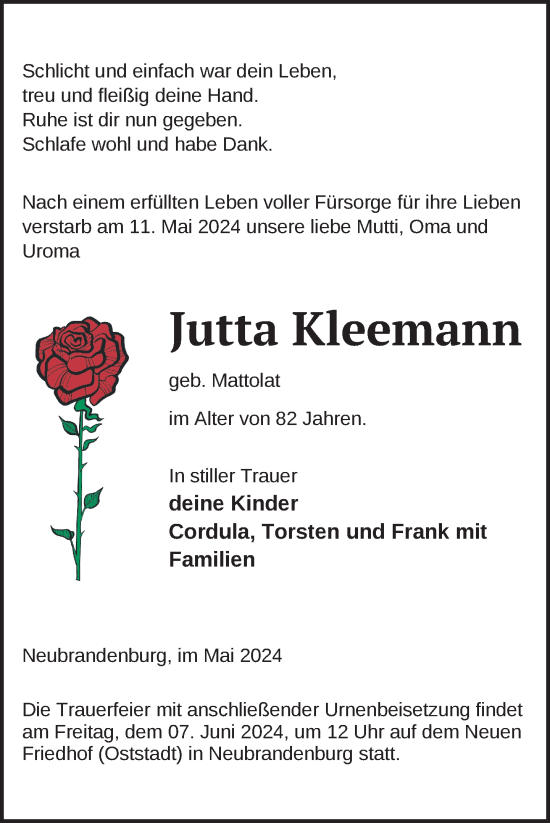 Traueranzeige von Jutta Kleemann von Nordkurier Neubrandenburger Zeitung
