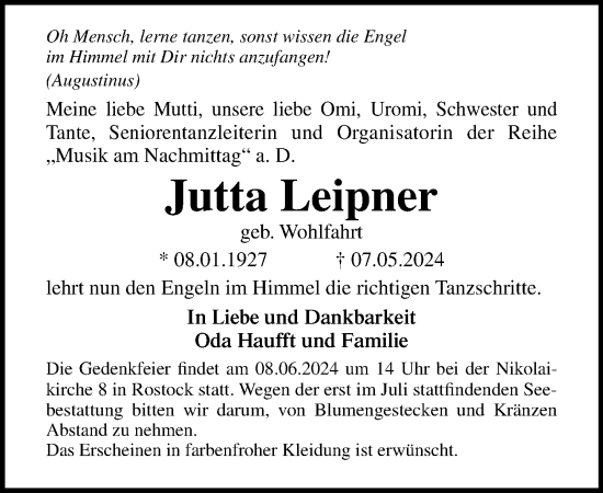 Traueranzeige von Jutta Leipner 