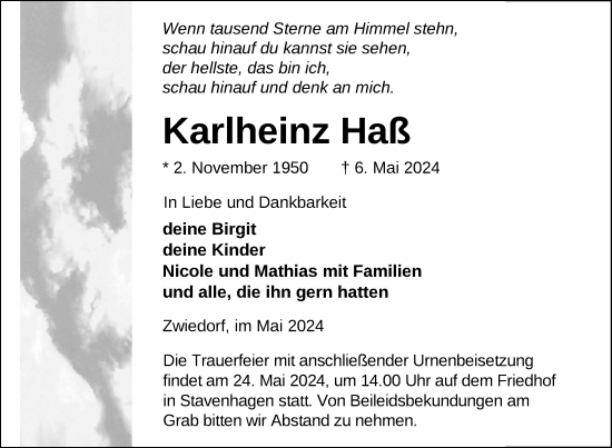 Traueranzeige von Karlheinz Haß von Nordkurier Neubrandenburger Zeitung