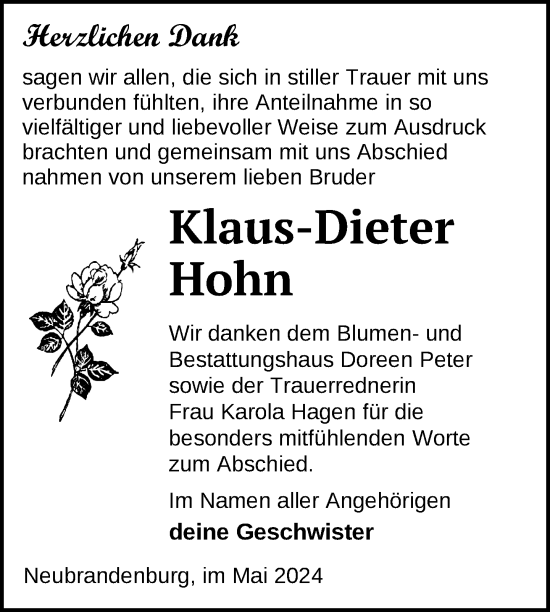 Traueranzeige von Klaus-Dieter Hohn von Nordkurier Neubrandenburger Zeitung