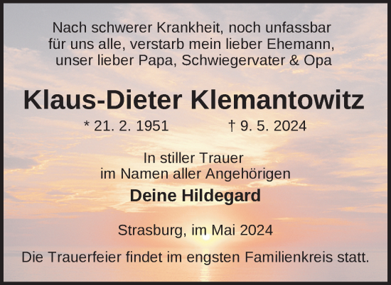 Traueranzeige von Klaus-Dieter Klemantowitz von Nordkurier Pasewalker Zeitung