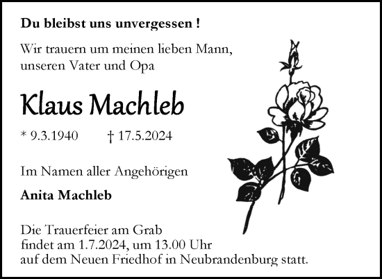 Traueranzeige von Klaus Machleb von Nordkurier Neubrandenburger Zeitung