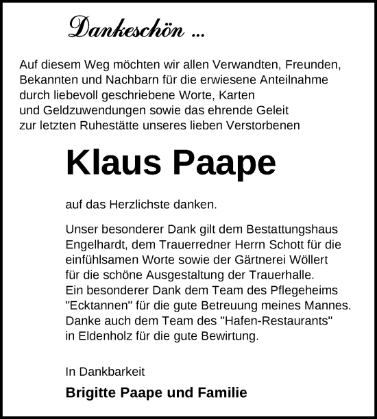 Traueranzeige von Klaus Paape von Nordkurier Müritz-Zeitung