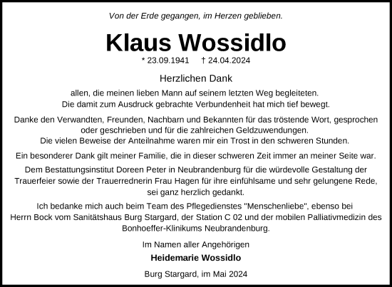 Traueranzeige von Klaus Wossidlo von Nordkurier Neubrandenburger Zeitung