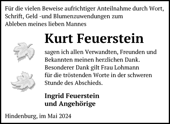 Traueranzeige von Kurt Feuerstein von Uckermark Kurier Templiner Zeitung