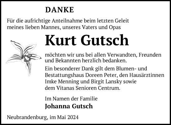Traueranzeige von Kurt Gutsch von Nordkurier Neubrandenburger Zeitung