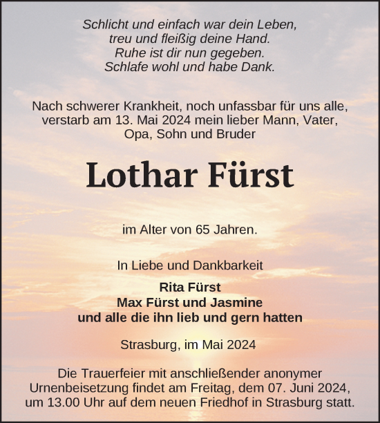 Traueranzeige von Lothar Fürst von Nordkurier Pasewalker Zeitung