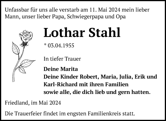 Traueranzeige von Lothar Stahl von Nordkurier Neubrandenburger Zeitung