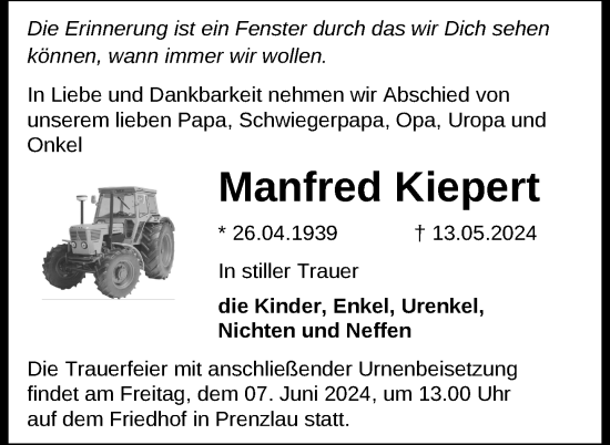 Traueranzeige von Manfred Kiepert von Uckermark Kurier Prenzlauer Zeitung