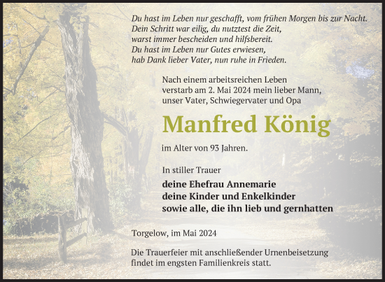 Traueranzeige von Manfred König von Nordkurier Haff-Zeitung