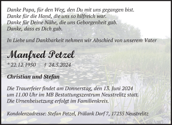 Traueranzeige von Manfred Petzel von Nordkurier Strelitzer Zeitung