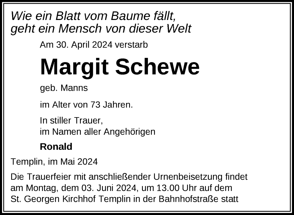 Traueranzeige für Margit Schewe vom 10.05.2024 aus Uckermark Kurier Templiner Zeitung