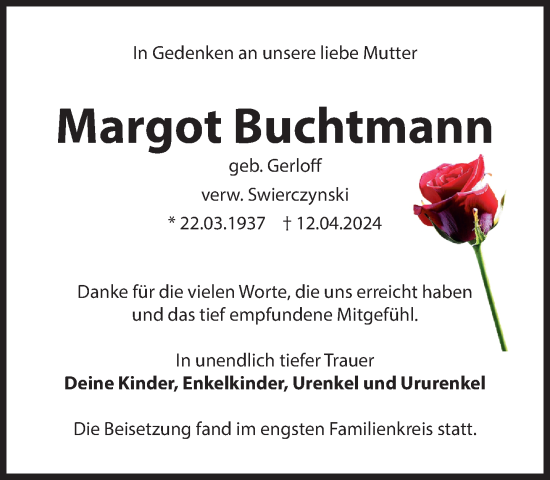 Traueranzeige von Margot Buchtmann 