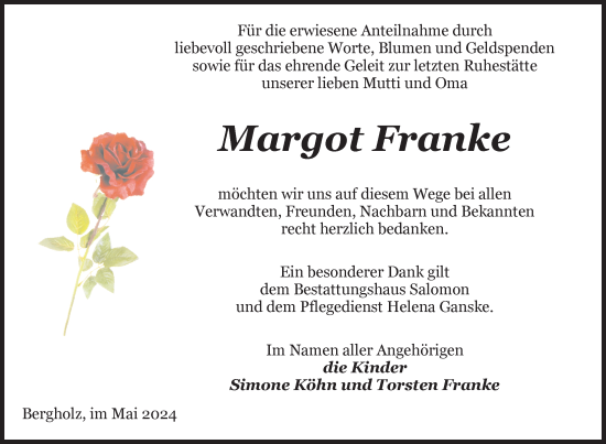 Traueranzeige von Margot Franke von Nordkurier Pasewalker Zeitung