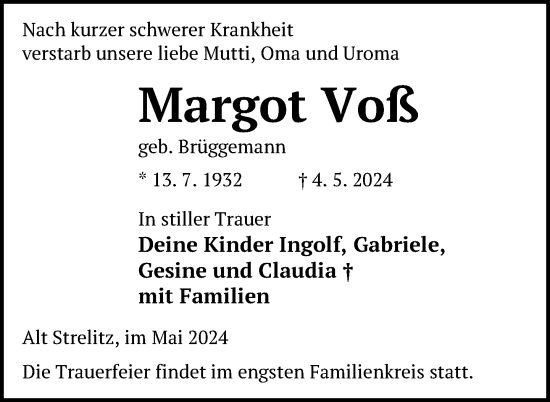 Traueranzeige von Margot Voß von Nordkurier Strelitzer Zeitung