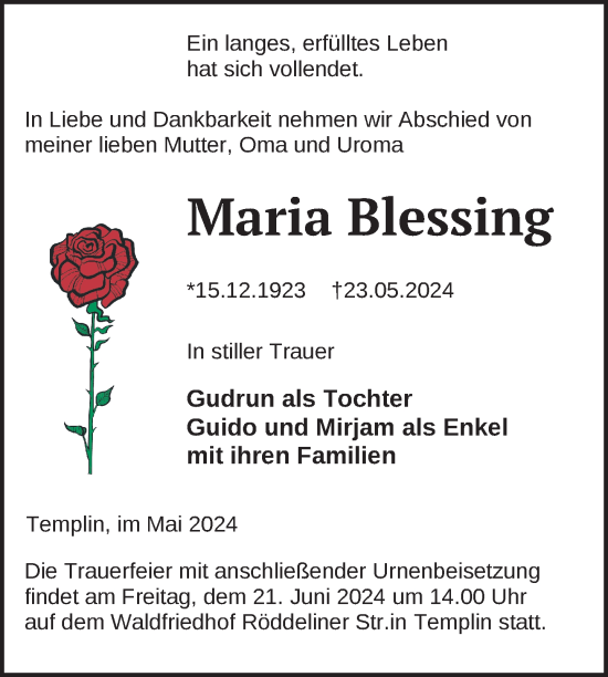 Traueranzeige von Maria Blessing von Uckermark Kurier Templiner Zeitung