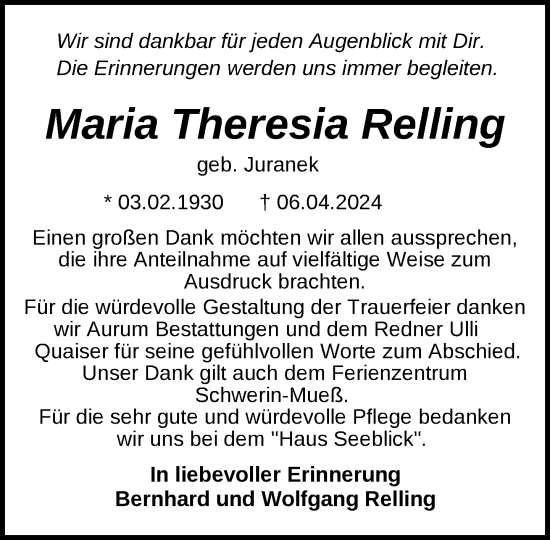 Traueranzeige von Maria Theresia Relling 