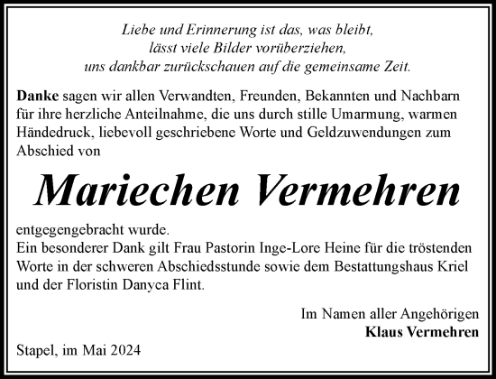 Traueranzeige von Mariechen Vermehren 