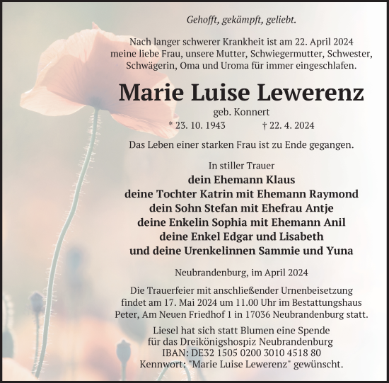 Traueranzeige von Marie Luise Lewerenz von Nordkurier Neubrandenburger Zeitung