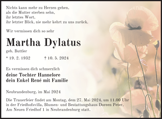 Traueranzeige von Martha Dylatus von Nordkurier Neubrandenburger Zeitung