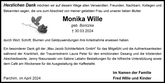 Traueranzeige von Monika Wille 