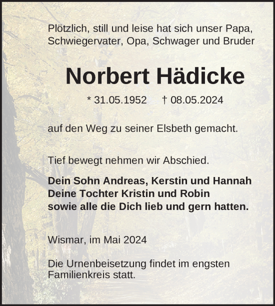 Traueranzeige von Norbert Hädicke von Nordkurier Neubrandenburger Zeitung