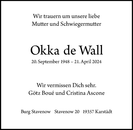 Traueranzeige von Okka de Wall 