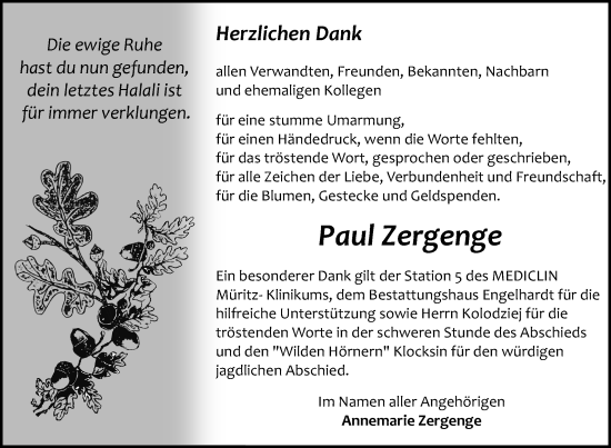 Traueranzeige von Paul Zergenge von Nordkurier Müritz-Zeitung