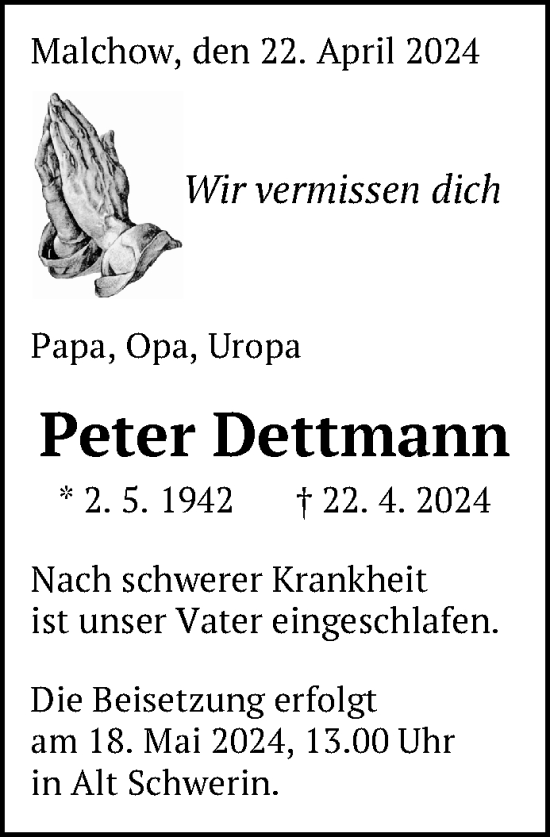 Traueranzeige von Peter Dettmann von Nordkurier Müritz-Zeitung