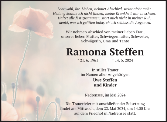 Traueranzeige von Ramona Steffen von Nordkurier Pasewalker Zeitung