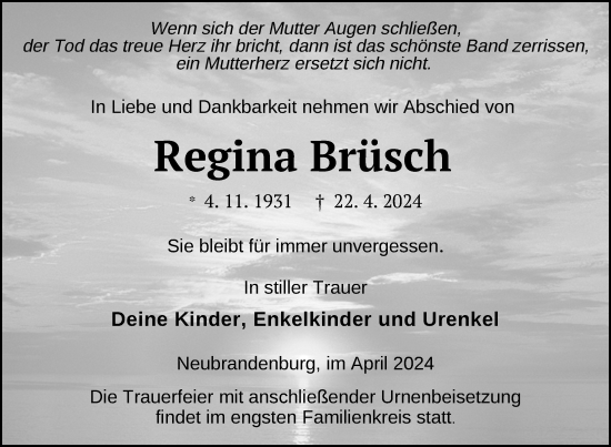 Traueranzeige von Regina Brüsch von Nordkurier Neubrandenburger Zeitung