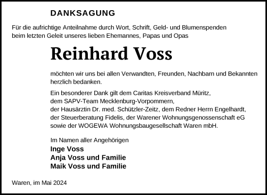 Traueranzeige von Reinhard Voss von Nordkurier Müritz-Zeitung