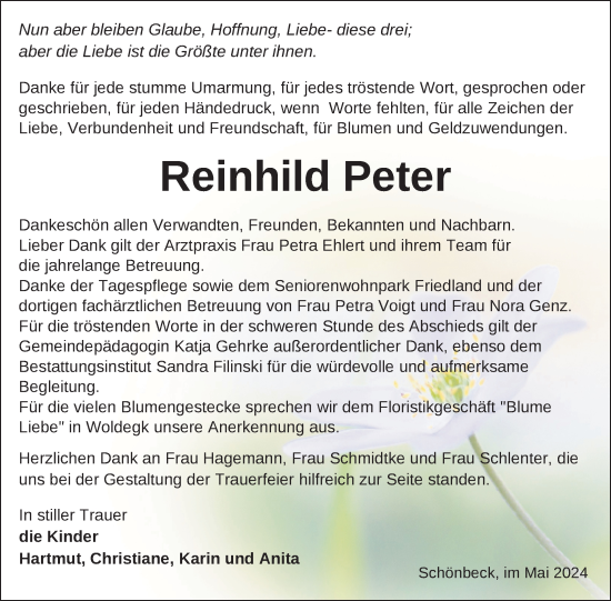 Traueranzeige von Reinhild Peter von Nordkurier Strelitzer Zeitung