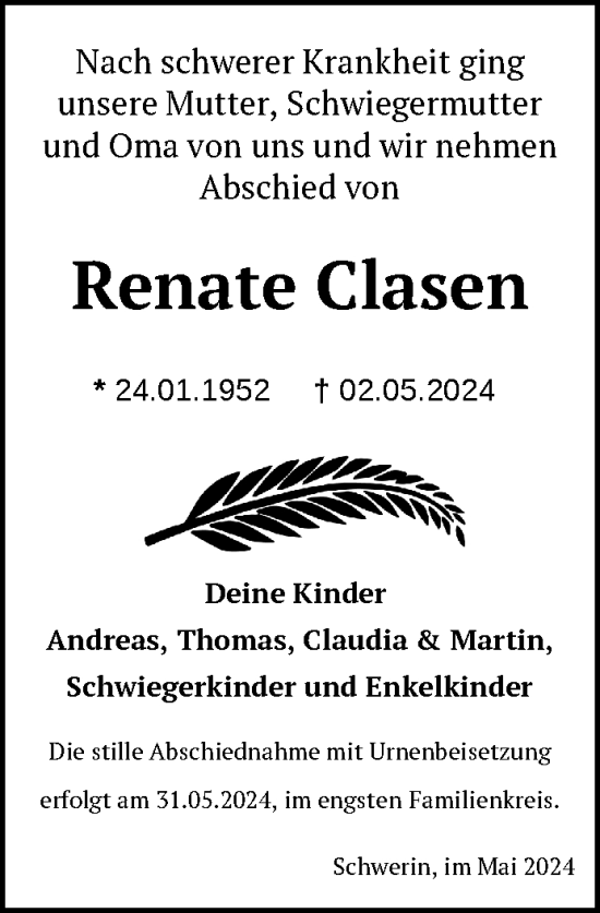 Traueranzeige von Renate Clasen 