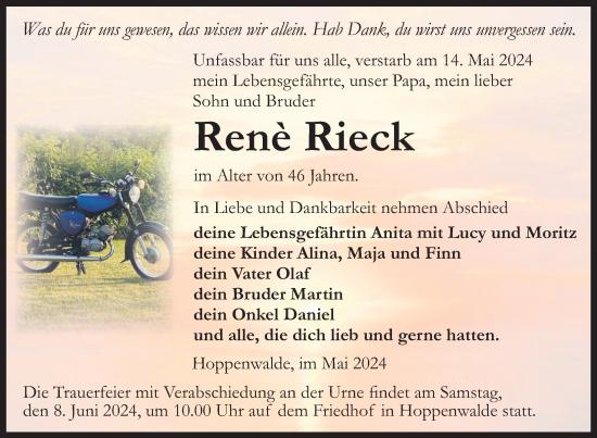 Traueranzeige von Rene Rieck von Uckermark Kurier Prenzlauer Zeitung
