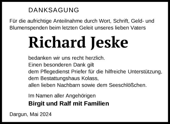 Traueranzeige von Richard Jeske von Nordkurier Mecklenburger Schweiz