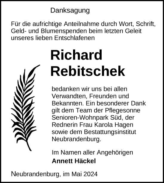 Traueranzeige von Richard Rebitschek von Nordkurier Neubrandenburger Zeitung