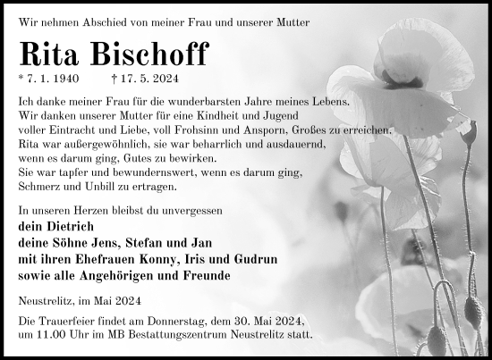 Traueranzeige von Rita Bischoff von Nordkurier Strelitzer Zeitung